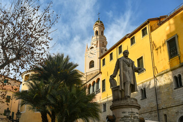 Piazza Eroi Sanremesi square with the statue to Siro Andrea Carli, mayor of the city, and the bell...