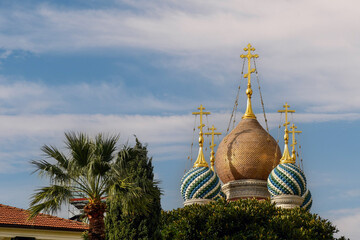 Majestic domes of the church of Christ the Savior (1913), an Orthodox church built by the Russian...