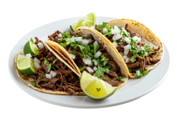 barbacoa beef taco with onions, cilantro and lime wedges neatly arranged on a white plate.