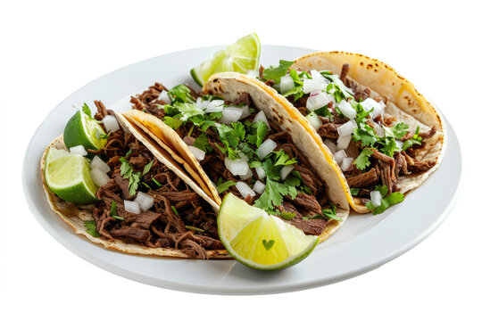 barbacoa beef taco with onions, cilantro and lime wedges neatly arranged on a white plate.