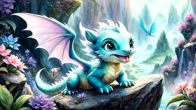 Funny baby dragon. Seamless looping time-lapse 4k video animation background