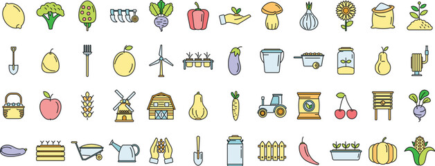 Eco farming icons set outline vector. Agriculture farmer. Local produce thin line color flat isolated