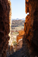 Fototapeta na wymiar landscape photo of a view of a rock formations through a crack in the Cederberg, western cape