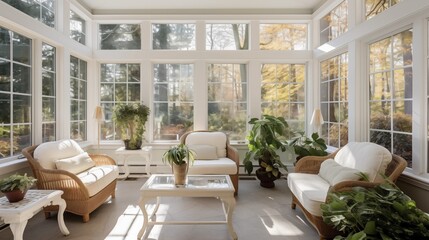 Fototapeta premium Sunroom with floor-to-ceiling windows overlooking a serene garden.