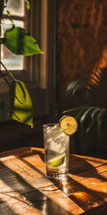 Mobile vertical wallpaper photograph of a gin tonic sparkling cocktail with lime on a table in a bar. . Story post.