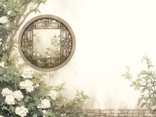 Wandcirkels tuinposter The white walls in the garden have hollow windows, and the windows are very Chinese ancient style © 효섭 이