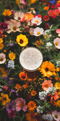 Mobile vertical wallpaper top view of a beer pint glass at a field full of blooming colorful flowers. Story post.