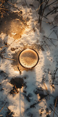 Mobile vertical wallpaper top view of a beer pint glass on a snowy park in winter. Sunshine. Story post. - obrazy, fototapety, plakaty