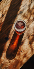 Mobile vertical wallpaper top view of a beer pint glass on a table in a bar. . Story post. - obrazy, fototapety, plakaty