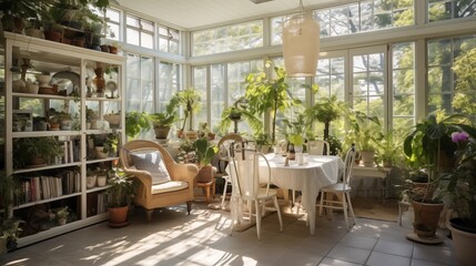 Fototapeta premium Sunroom with floor-to-ceiling shelving filled with indoor plants.