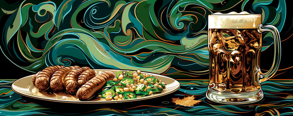 Oktoberfest holiday banner. horizontal orientation. Mugs of beer, traditional snack, autumn color.