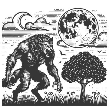 majestic werewolf sketch engraving generative ai raster illustration. Scratch board imitation. Black and white image.