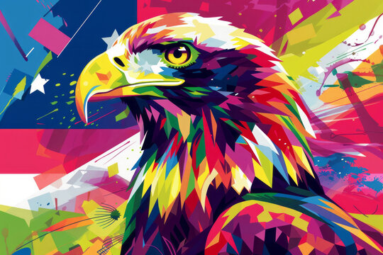 A vibrant geometric illustration of the United States flag in the background, with a focal point on a bold, eagle symbolizing strength and freedom.