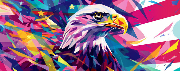 An energetic geometric depiction of the American flag in the backdrop, featuring a prominent, powerful eagle as the focal point, representing strength and freedom.