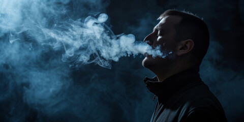Obraz premium Smoking man lets smoke out of his mouth, side view on dark background