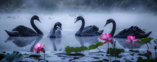 Foto op Plexiglas A picturesque scene of a group of black swans gracefully swimming in a mist-covered pond at dawn, surrounded by delicate lotus flowers. © mihrzn