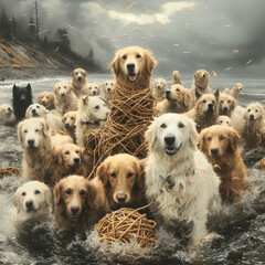 Psy bawiące się w wodzie - obrazy, fototapety, plakaty
