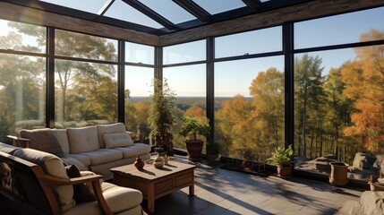 Fototapeta premium Sunroom with frameless glass walls for an unobstructed view.