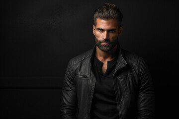 A male model striking a confident pose against a sleek black wall background.