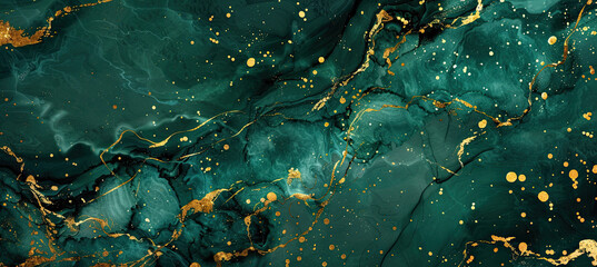 Abstract green marble texture with gold splashes, emerald luxury background