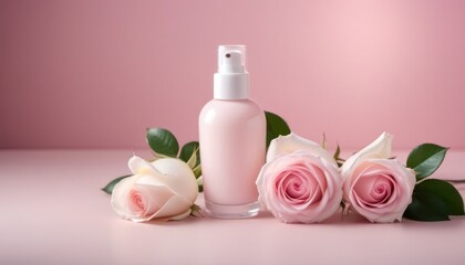 Fototapeta na wymiar Pink lotion and tender roses in pink background 