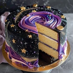 An intricately decorated cake with a space galaxy design, featuring swirling purple and black...