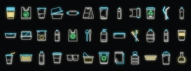 Biodegradable plastic icons set outline vector. Trash bag. Basket bin neon color isolated