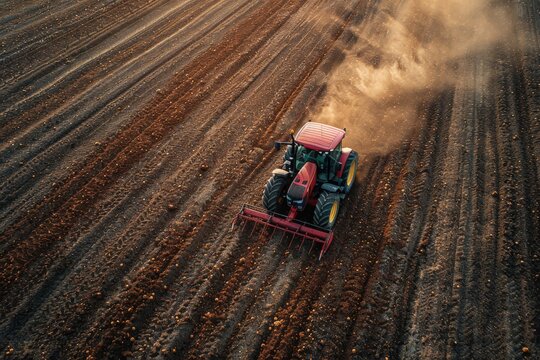 A farmer plows the field with a tractor, dust clouds rise in the sunlight, depicting agricultural activities and rural life