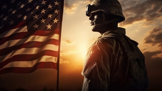 Patriotic soldier with usa flag at sunrise  symbolizing national holidays and patriotism
