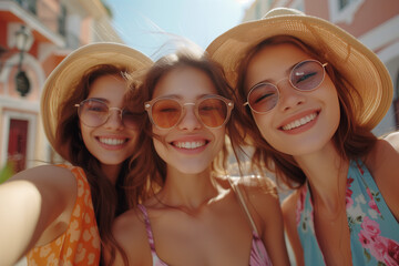 Three women wearing sunglasses and smiling for a travel photo