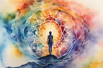 Human and universe power watercolor painting chakra reiki, inspiration abstract thought world universe inside your mind