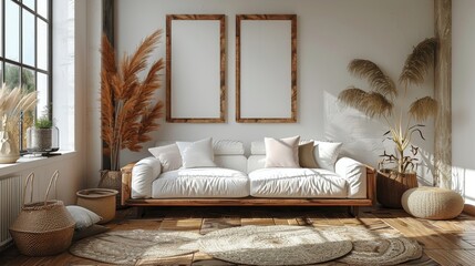 Modern Living Room With Couch, Rugs, and Mirrors