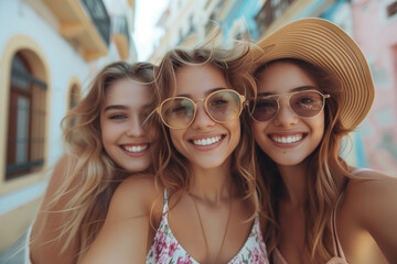 Three women wearing sunglasses and smiling for a travel photo