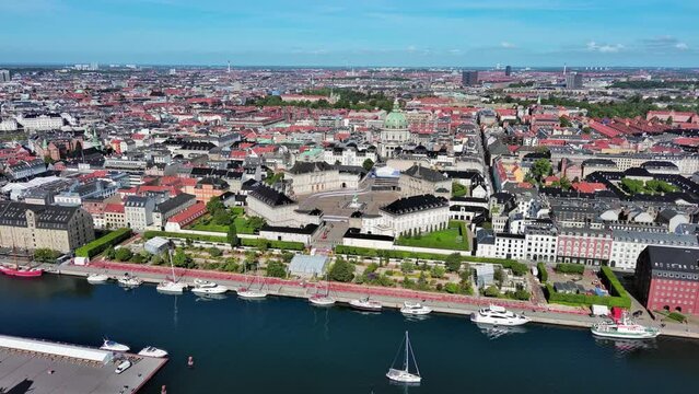 Copenhagen: Aerial view of capital city of Denmark, Amalienborg castle - landscape panorama of Europe from above
