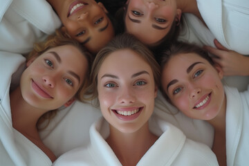 Four women smiling and posing for a photographer in pajamas at a bachelorette party