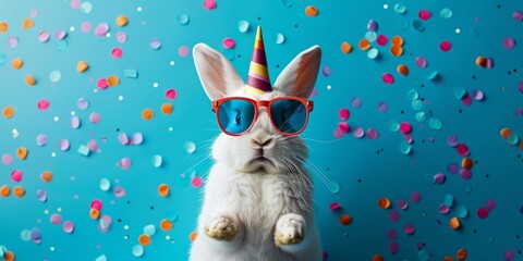Carnival, Sylvester or other holiday celebrations, fun animal cards - the Easter Bunny with party hats and sunglasses on a blue background with confetti - obrazy, fototapety, plakaty