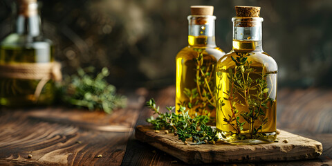 extra virgin organic antioxidants olive oil, bottles full of olive oil placed on the wooden surface with bokeh background