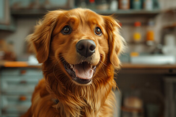 A happy golden retriever is sitting on a counter in a kitchen