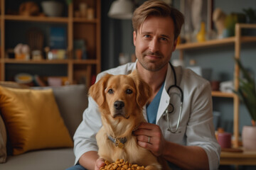 A male veterinarian in a white laboratory coat holds a dog and feeds it food.