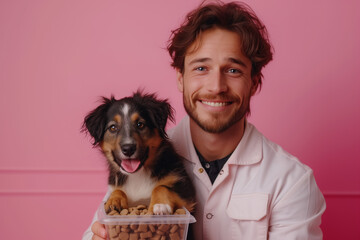 attractive man holding dog and container with dog food on pink background