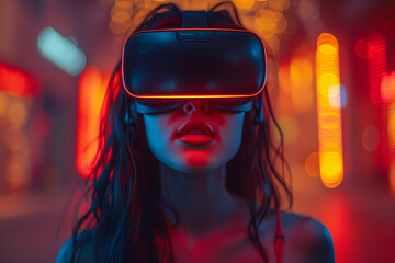 A woman wearing a virtual reality headset. The image has a futuristic and sci-fi vibe. The woman's face is illuminated by the red lights, giving the impression of a futuristic world.