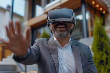 A man wearing a suit and a white shirt is wearing a virtual reality headset