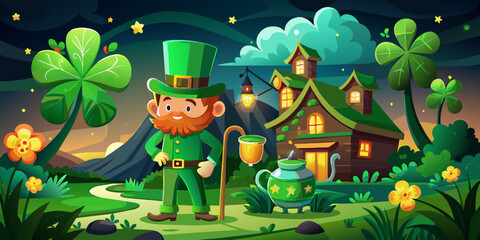 Banner with Shiny green hat, gold coins and clover leaves. St. Patrick's day concept. Generative AI illustration