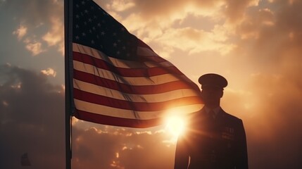 Military soldier with american flag at sunrise symbolizing national holidays and patriotism - obrazy, fototapety, plakaty