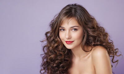 A woman with long brown hair is smiling. A red lipstick on her lips. Lavender background