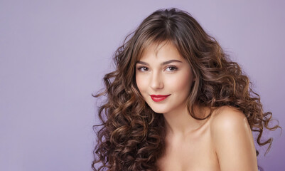 Naklejka premium A woman with long brown hair is smiling. A red lipstick on her lips. Lavender background