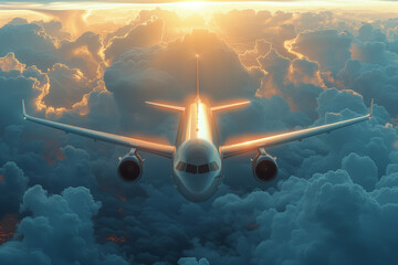 A plane is flying through a cloudy sky with a bright sun in the background - obrazy, fototapety, plakaty
