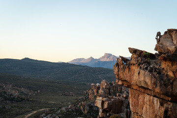 View of the Cederberg mountains in South Africa at sunset with rock formations 
