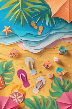 summer beach concept for banners, a paper-cut top view background of a tropical beach, an umbrella, flip flops, and a beach towel, essence of summer holidays and relaxation. flat lay copy space