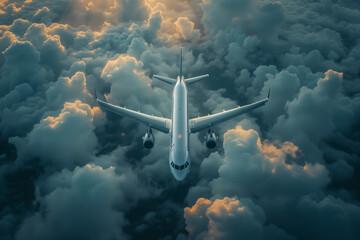 A plane is flying through a cloudy sky with a bright sun in the background